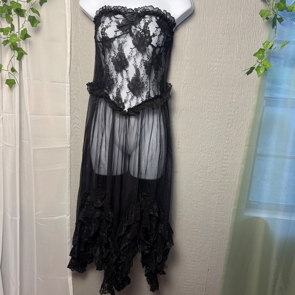Vintage Andrea Kristoff Escante 5 AM Black Lace Sheer Handkerchief Hem Gown
